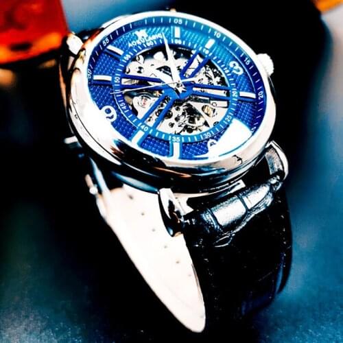 AOKULASIC Automatic Mechanical Watch Transparent Skeleton Dial Mens Watches Top Brand Luxury Blue Leather Fashion Luminous Clock