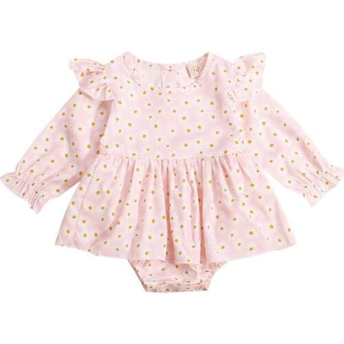 0-24M Infant Baby Girl Floral Bodysuit Autumn Spring Sweet Ruffles Long Sleeve Round Collar Jumpsuit Dress Baby Girl Clothes