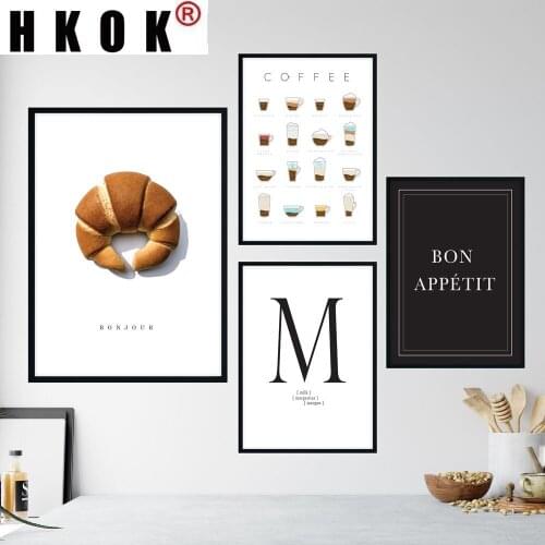 HKOK Abstract Canva Painting Poster Print Bread Coffee And Simple English Letters Nordic Style Sofa Wall Art Picture Home Decor