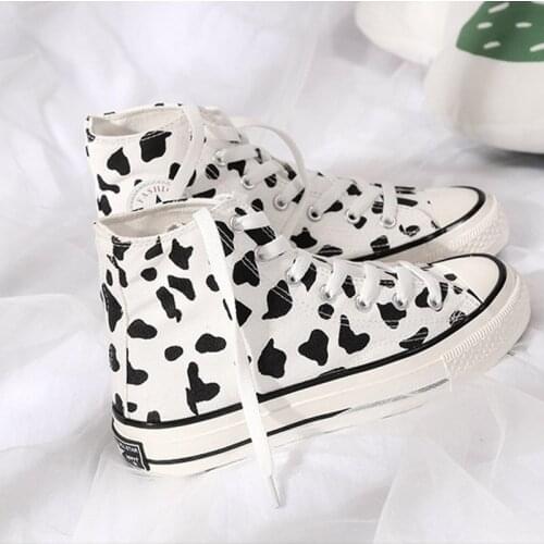 Woman Canvas Sneakers Womens Classic Flats Female Lace Up Cow Spot Shoes Women High-top Shoes Student NEW 2021 Fashion