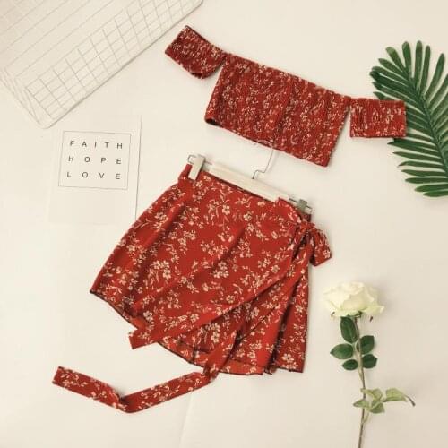 Amolapha Summer Women Short Style Strapless Shirts+Skirts Suits Short Sleeve Pleated Female Woman Casual Floral Tops Skirt Set