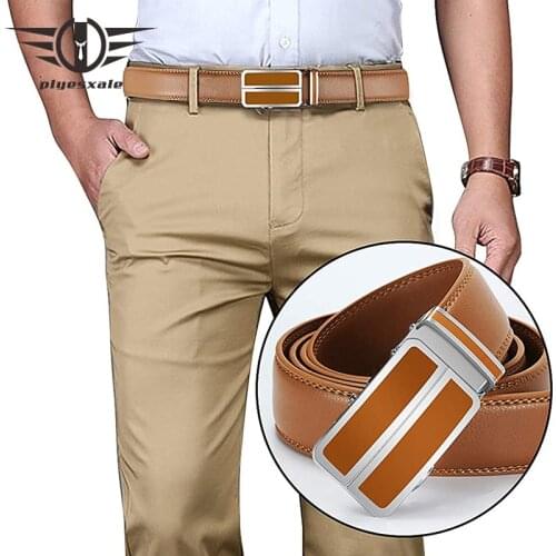 Plyesxale Red Black Light Brown Belt For Men Cowhide Mens Genuine Leather Dress Belt Automatic Buckle Formal Belts Male B272