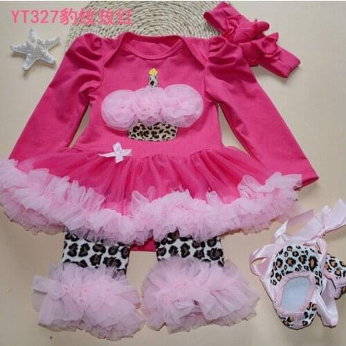 Newborn Girl Birthday Clothes Cute Cake Kids Rompers Tutu Dress Toddler Shoes Leopard Leg Warmers Headband 4 piece Clothes Sets