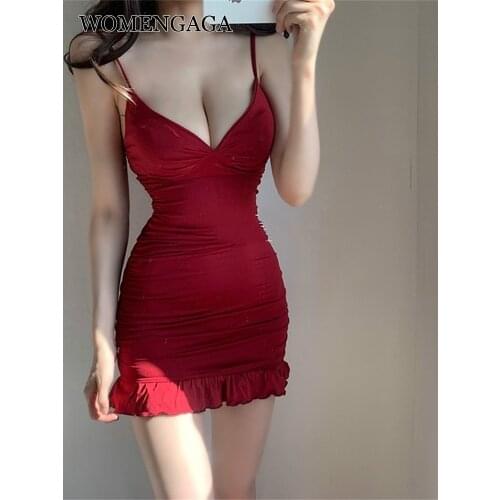 WOMENGAGA Sexy Low Bust V-neck Irregular Slim Buttock Elastic Solid Color Tank Ruffles Mini Vest Dress Korea Women Dresses WQ98