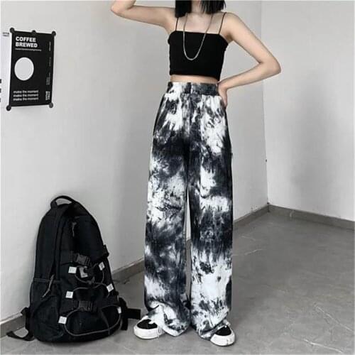 Cool Harajuku Loose Tie Dyed Pants Women Funny Straight Trousers Female Korean High Waist Oversize Spring Summer Pants Girls