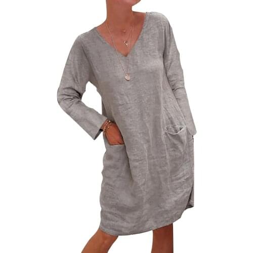 Plus Size Women Dresses Casual Long Sleeve V Neck Pockets Loose Cotton Linen Knee-length Dress Streetwear vestidos femme
