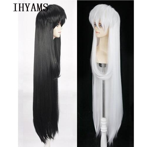 Inuyasha Sesshoumaru Cosplay Wigs 100cm Long White/Black Styled Heat Resistant Synthetic Hair Wig + Wig Cap