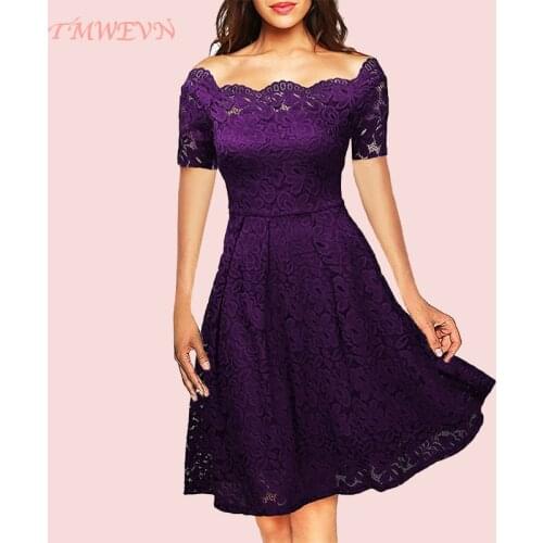 TMWEVN Women One-word Collar Lace Princess Dress Lace Dress for Women Dresses