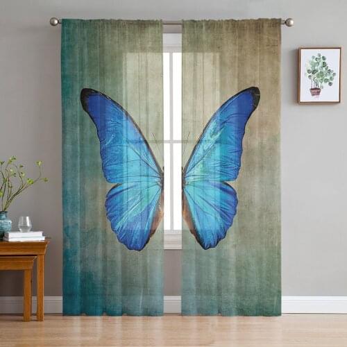 Spring Blue Butterfly Retro Window Treatment Tulle Modern Sheer Curtains for Kitchen Living Room the Bedroom Curtains Decoration