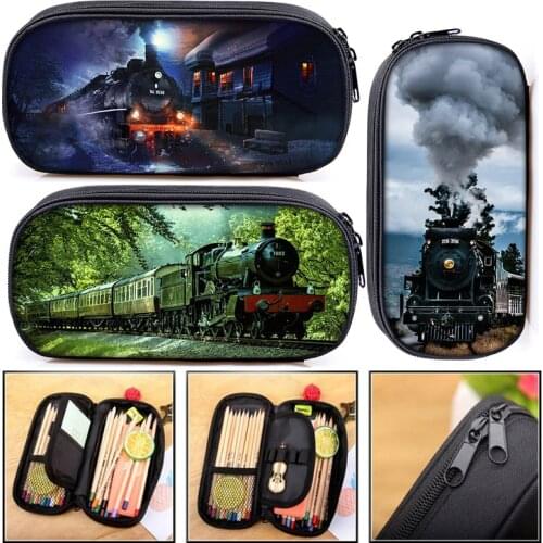 Vintage Steam Train Locomotive Cosmetic Cases Pencil Bag Boy Girl School Case Kids Pencil Box Children Stationery Bag