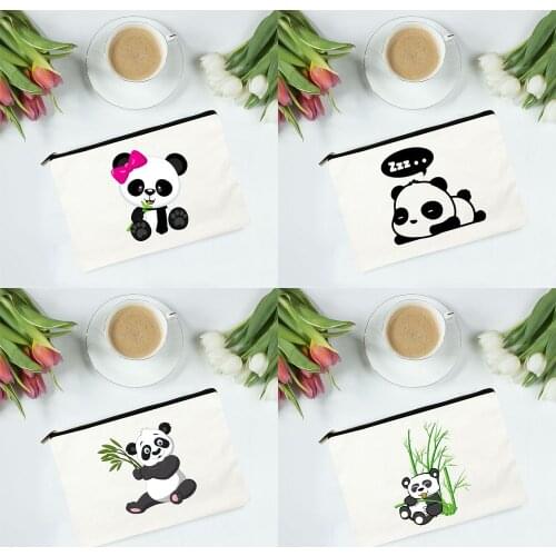 Funny Panda Canvas Cosmetic Bags Harajuku Casual Makeup Pouch Reusable Lipstick Bags Women Zipper Travel White Portable Purse