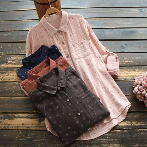 8417 New Autumn Women Blouse Japan Style Literary Print Turndown Collar Double Layer Cotton Shirt Tops Women