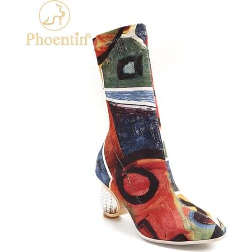 Phoentin women stretch fabric colorful boots 2020 retro female booties crystal high heels short Slip on boots size 34-43 FT1184