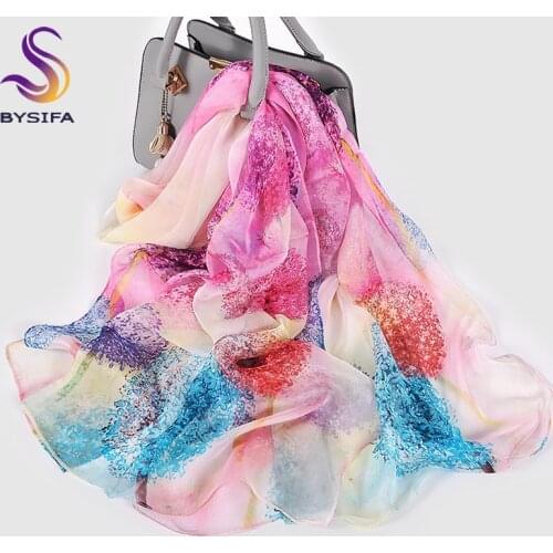 [BYSIFA] Blue Pink Dandelion Chiffon Silk Scarves Echarpes Ladies New Spring Autumn Long 100% Silk Scarf Shawl Women Neck Scarf
