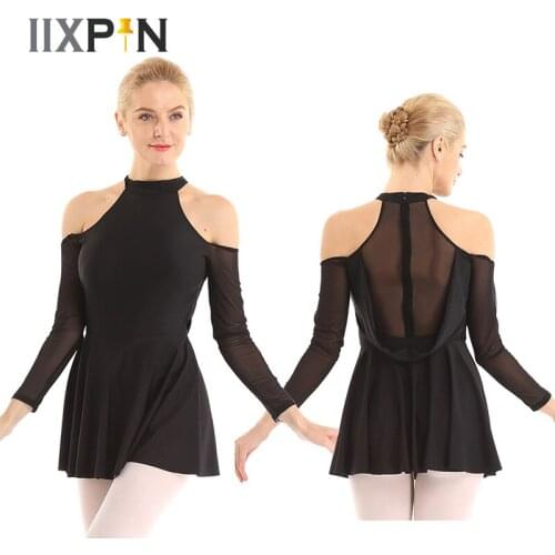 Women Gymnastics Dress ballet leotard dress High Neck Cut Out Shoulder Long Sleeves Mesh Splice Back Dance Leotard Ballet Dress