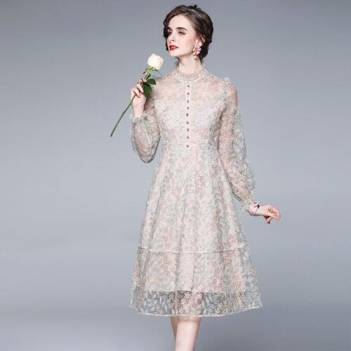 Fashion Runway Spring Flower Embroidery Mesh Dress 2021 New Women Long Sleeve Elegant Slim Party Midi Dress