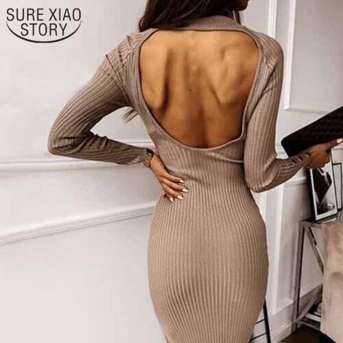 2021 Solid Backless Slim Button Bodycon Fashion Sexy Sweater Dress Sheath Turtleneck Long Sleeve Knitted Winter Long Dress 12595