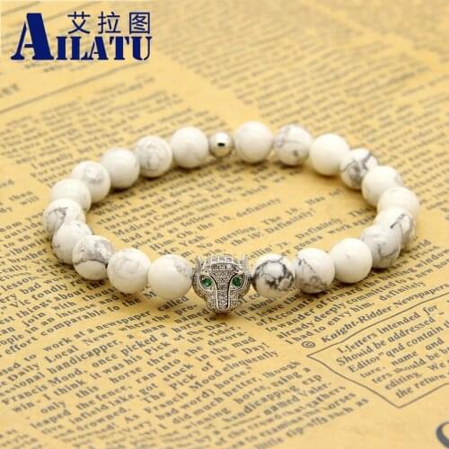 Ailatu Fashion Jewelry 10pcs/lot White Howlite Marble Beads Micro Paved Leopard Head Charm Bracelet