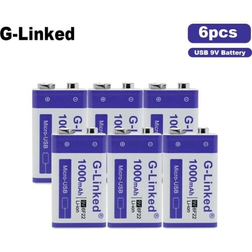 6pcs 9V battery 1000mAh Li-ion 6f22 9v Rechargeable Battery Micro USB Batteries 9v lithium for multimeter,microphone,toy