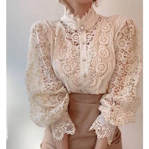 Sexy Flower Lace Blouse Women Korean Style Stand Collar Hollow Out Elegant White Shirt 2021 Spring Autumn Fashion Ladies Clothes