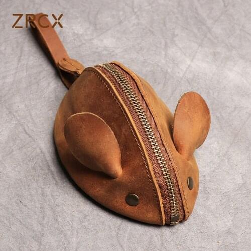 ZRCX Genuine Leather Big Coin Purse Creative Lovely Rat Zipper Key Case Men Women Portable Key Wallets Childrens Key Bags