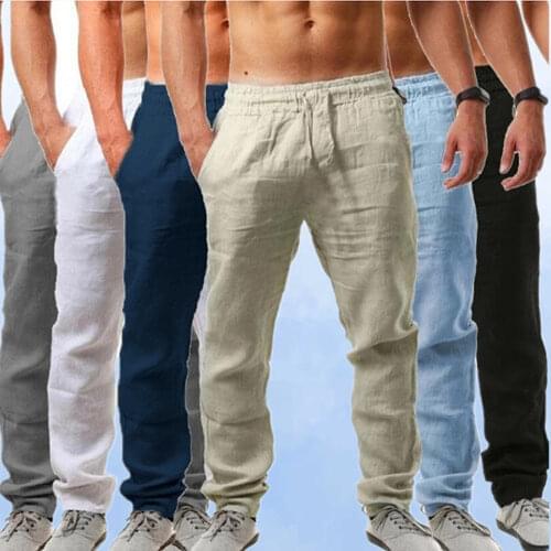 2021 Mens Cotton Linen Pants Male Summer Breathable Solid Color Linen Trousers