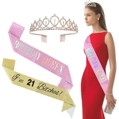 Birthday Queen Bling Rhinestone Crystal Crown Girl Women Birthday Decor 21th Satin Sashes Birthday Bitch Anniversary Supplies