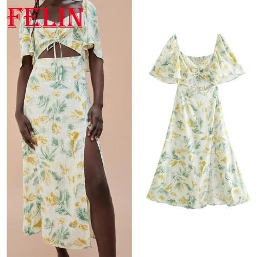 FELIN Za 2021 Stylish Floral Boho Maxi Dress Women Hollow Out Side Split Sexy Vintage Dress Short Sleeve Elegant Mujer Vestidos