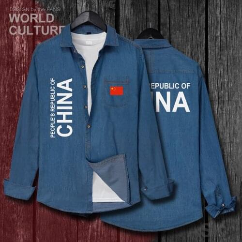 Peoples Republic of China CHN Men Flags tops Autumn Cotton Turn-down Collar Jeans Shirt Long Sleeve fashion Cowboy Coat Clothes