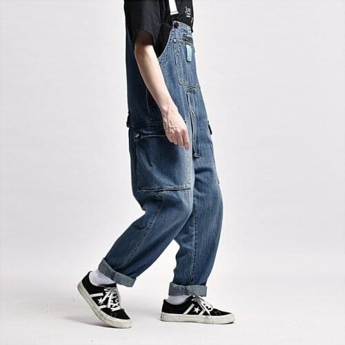 Firmranch Spring/Autumn Amekaji Bib Pants Men Big Pockets Cargo Jumpsuit Washed Make Old Casual Denim Wear Suspenders Trousers