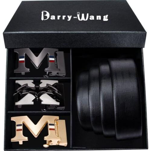 Barry.wang Top Quality Mens Belt 110-160CM Black Strap Genuine 100% Leather Belt Gift Box for Men 3PCS Automatic Buckle Male 3.5