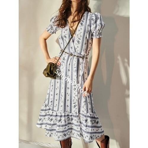 Women V-neck Lace-up Dress Linen Fresh Floral Printing Puff Sleeve Spring Summer Lady Midi Dress