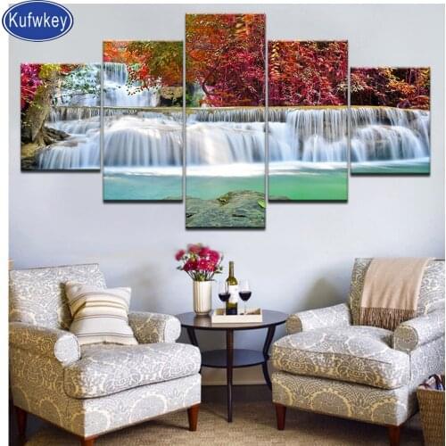 Full drill Diamond painting Square round Red Maple Waterfall Rhinestone mosaic Cross Stitch Landscape diamond Embroidery 5 pcs
