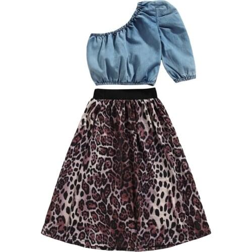 Infant Kids Baby Girls One Shoulder Top + Skirt, Leopard Print Fold Decoration Elastic Waist Summer Clothing 2-7T