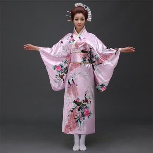 Traditional Women Silk Satin Kimono Yukata With Obi Performance Dance Dress Japanese Cosplay Costume Flower Pink Robe tops