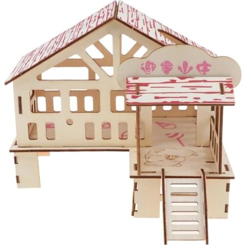 Hamster Hideout Wooden Hut Small Animals Double Layer Villa Rat Room House Cage