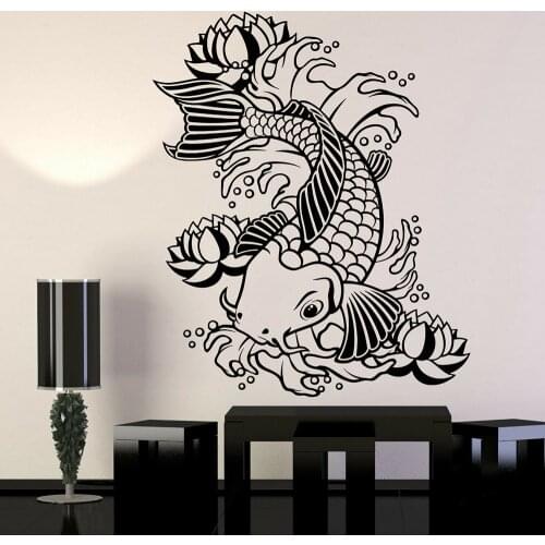 Vinyl fish Wall Decal Koi Japanese Fish Water Lily Flowers Wall Sticker Asian Style for Living Room Decoration Stickers X944