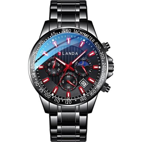 JLANDA Waterproof Stainless Steel Black Watches Male Chronograph Quartz Watch Luminous Casual Fashion Sports Mens Luxury 6510