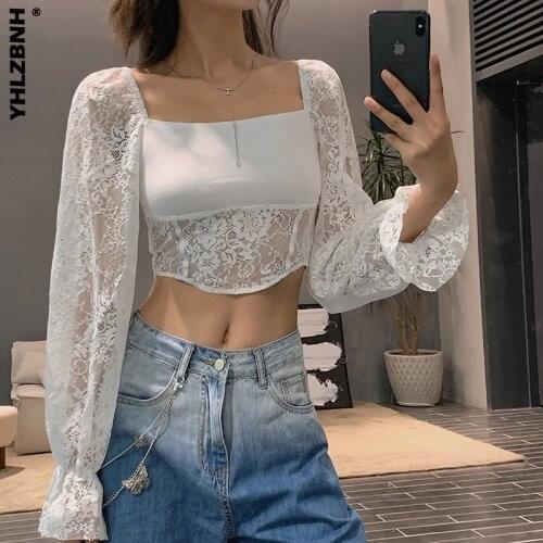 YHLZBNH 2021 Spring Autumn Women Lace Crop Top Puff Long Sleeveless Lace Sweet Blouses Ladies Girls Square Collar Slim Shirts