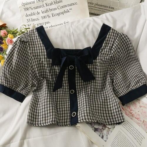 All match short design women plaid blouse square collar bowknot preppy style shirt female summer short sleeve tops