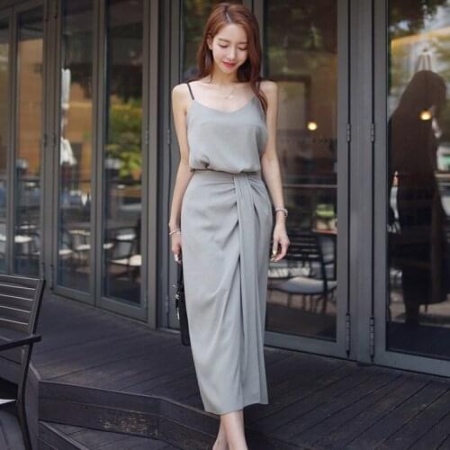 Fashion Women Skirt Suits Summer V-neck Spaghetti Strap Blouse and High Waist Long Skirt Two Piece Set OL Female Outfits 2019