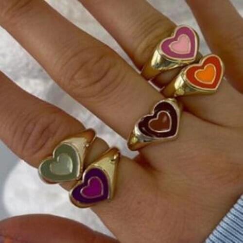 New Fashion Vintage Double Layer Heart Enamel Ring for Women Dripping Oil Color Contrast Opening Metal Ring Couple Jewelry Gifts