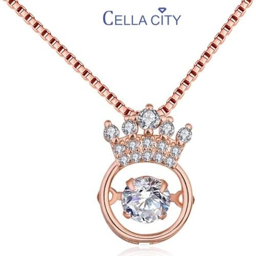 Cellacity Silver 925 Jewelry Round Gemstones Crown Pendant Necklace for Women Beating heart Trendy Female Clavicle Chain Gifts