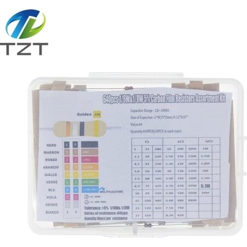1/8W 5% 640pcs 64 Values 1R - 10MR 0.125W Carbon Film Resistor Assorted Kit Set