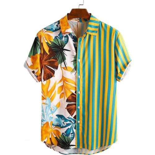 2021 New Men Shirt Plant Print Striped Hawaiian Patchwork Short Sleeve Buttons Top for Party