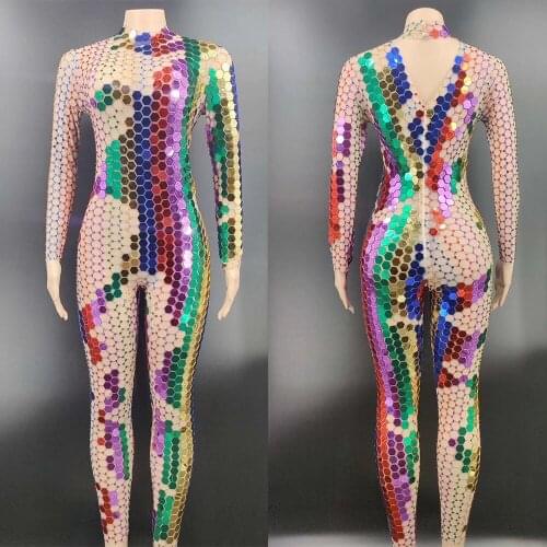 Sparkly Multi-Color Mirror Reflective Sequin Jumpsuits Sknny Elastic Women Bodysuits Ladies Nightclub Performance Outfit