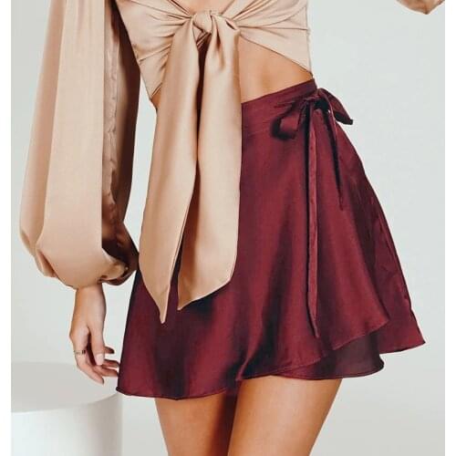 Black Summer Lace Up Chiffon Satin Wrap Skirt Womens Solid Color Mini High Waist Skirts 2021 Fashion One Piece Lace Short Skirt