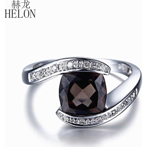 HELON Solid 14k White Gold Cushion Genuine Smokey Quartz Diamond Engagement Ring Wedding Gemstone Fine Jewelry Diamond Ring