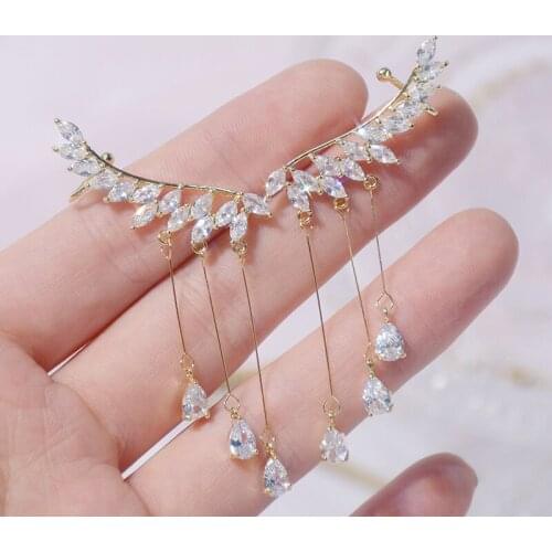Korean Trendy Bling Zirconia Wing Tassel Earring for Women AAA Transparent Zircon Temperament Shining Stud Earring Pendant Gift
