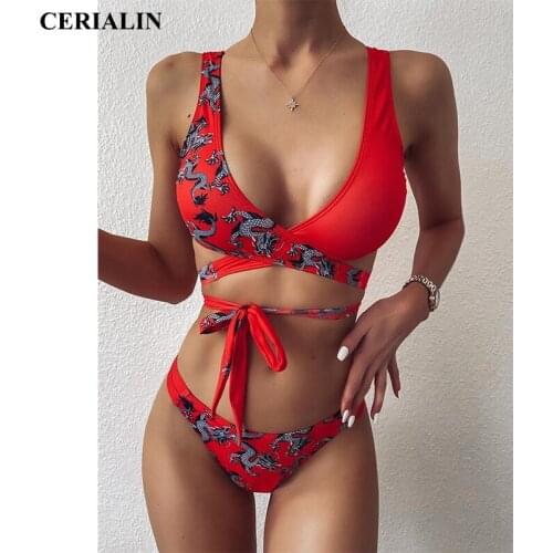 Cerialin Swimwear Women Swimsuit Printed Cross Bandage Adjustable Two-piece Split Swimsuit Womens Sexy Swimming Suit Bikini Set